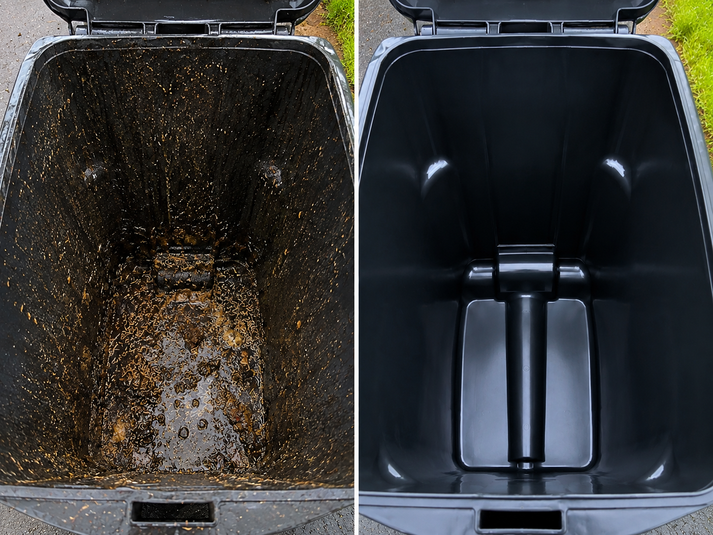 Dirty black residential bin interior with foul standing residue beside a clean black bin interior