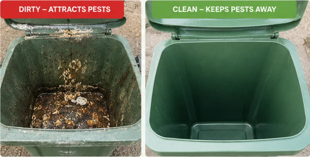 Dirty green residential bin interior with heavy grime and larvae beside a freshly cleaned green bin interior