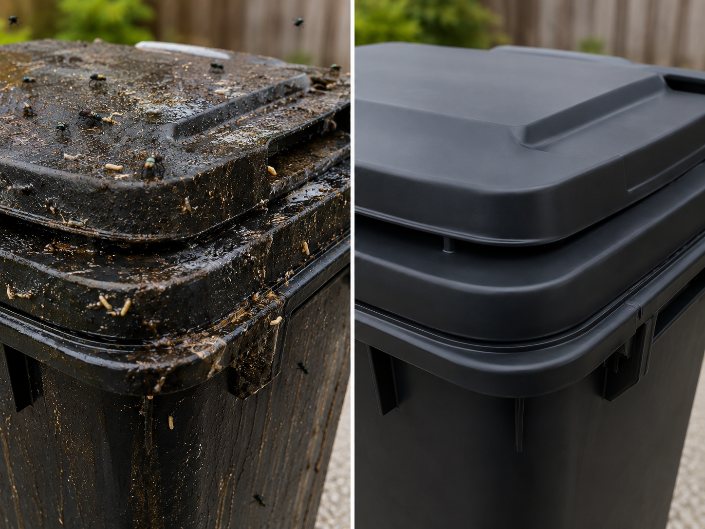 Dirty black bin lid with flies and maggots beside a clean black bin lid after professional cleaning