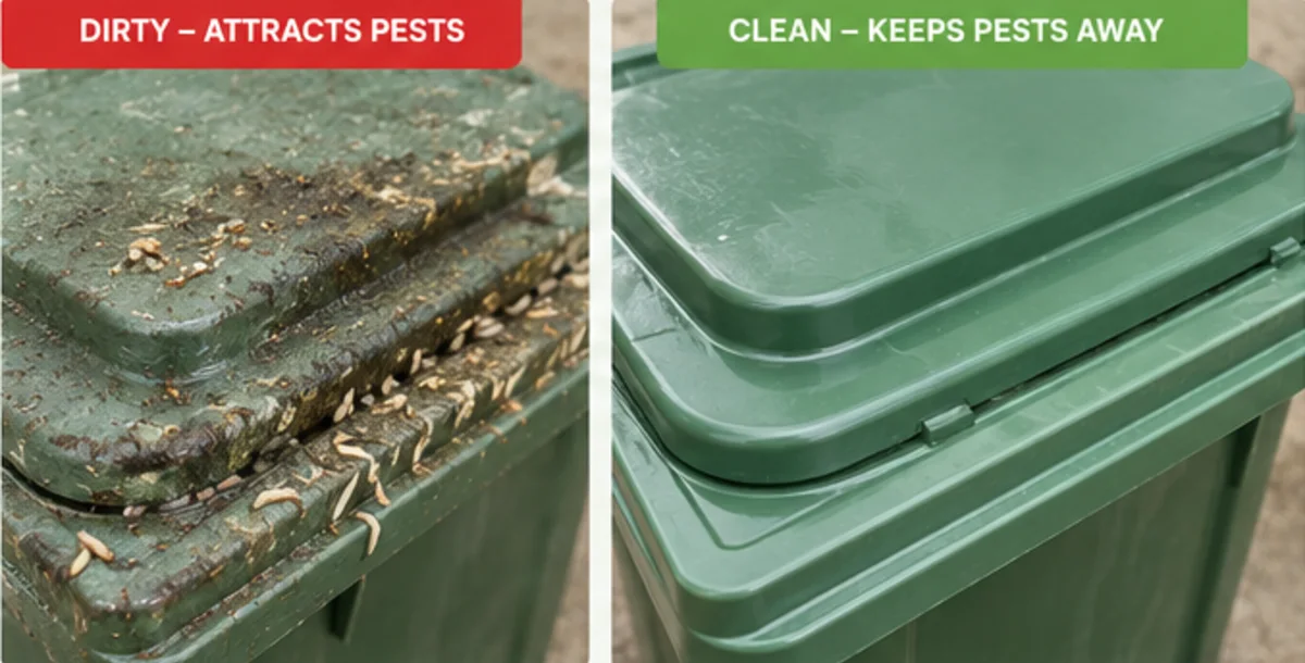 Dirty green bin lid covered in grime and maggots beside a clean green bin lid after service
