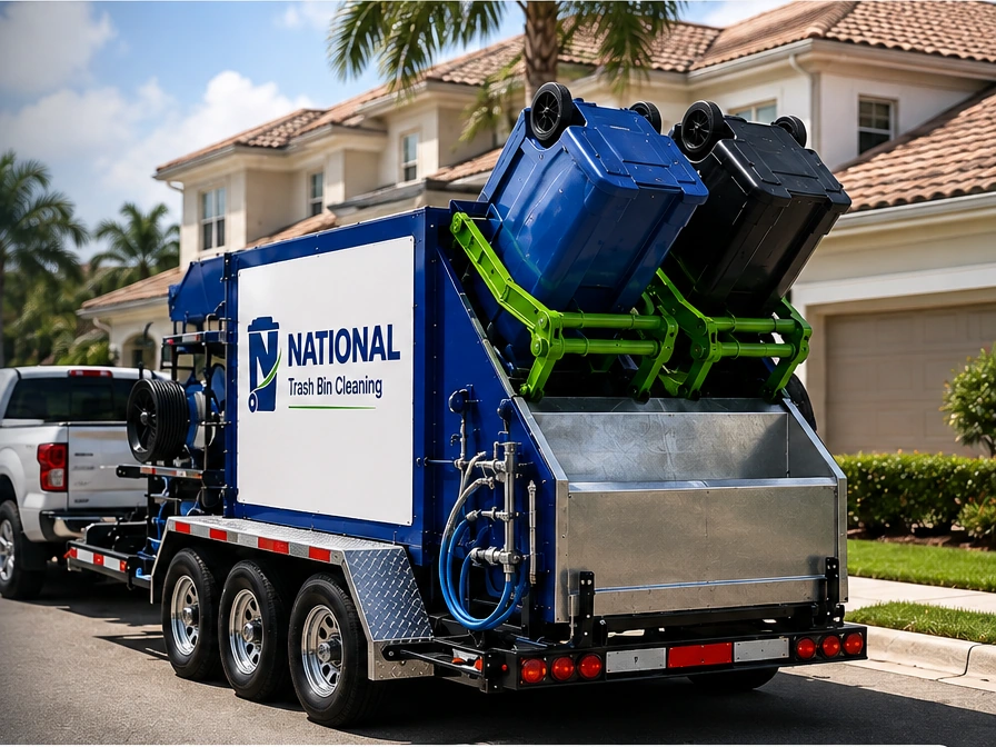 National Trash Bin Cleaning trailer with blue and black residential bins inverted over the rear cleaning system in a Florida neighborhood